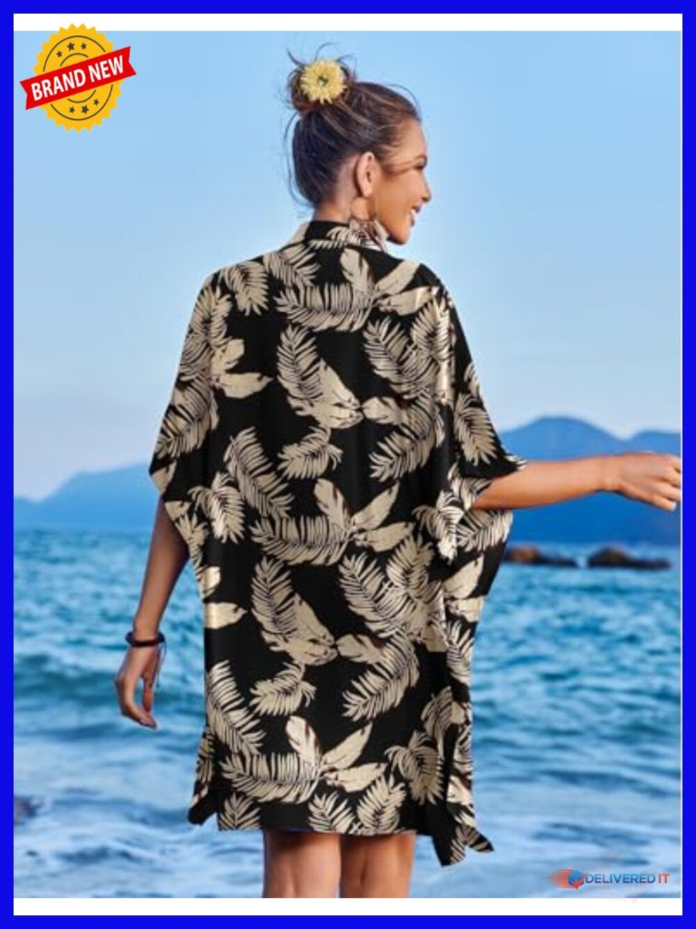3/4 Sleeve Button Down Cover Up Loose Fit Swimsuit Beachwear - Picture 3 of 6